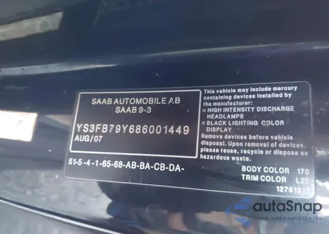 2008 Saab 9-3 2.0T z USA, uszkodzony, nr VIN YS3FB79Y686001449